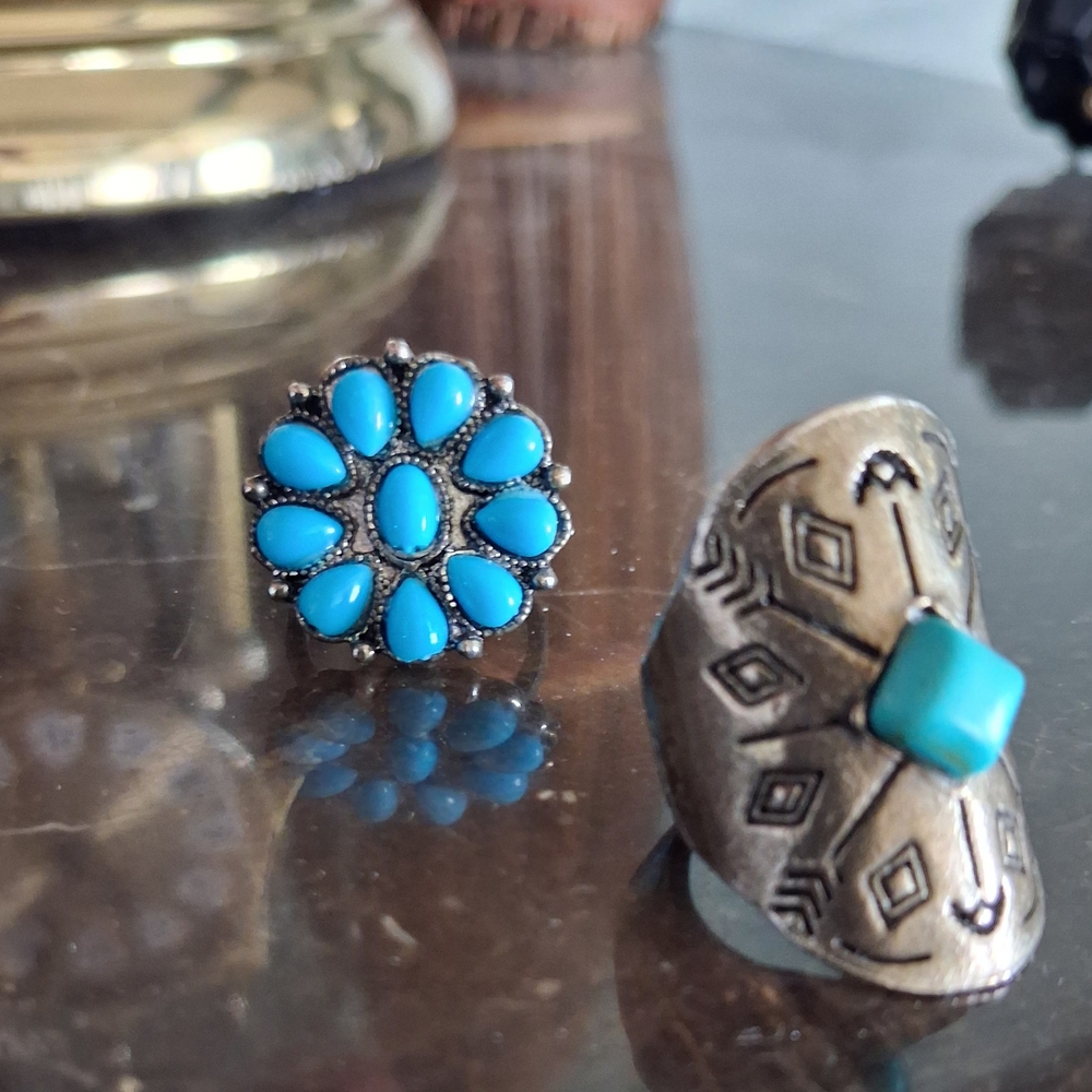 Faux Turquoise and Silver Vintage Look Rings